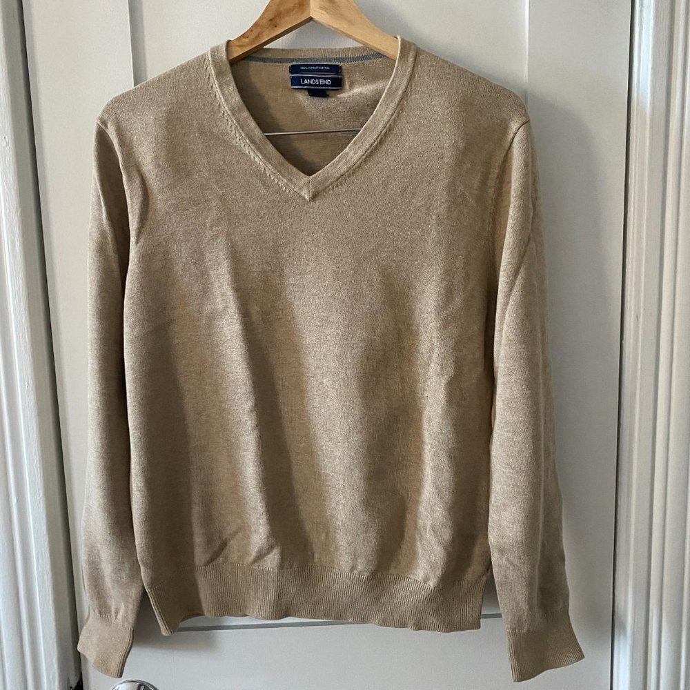Lands’ End Supima Cotton Tan Long Sleeve V-Neck Sweater Size Medium